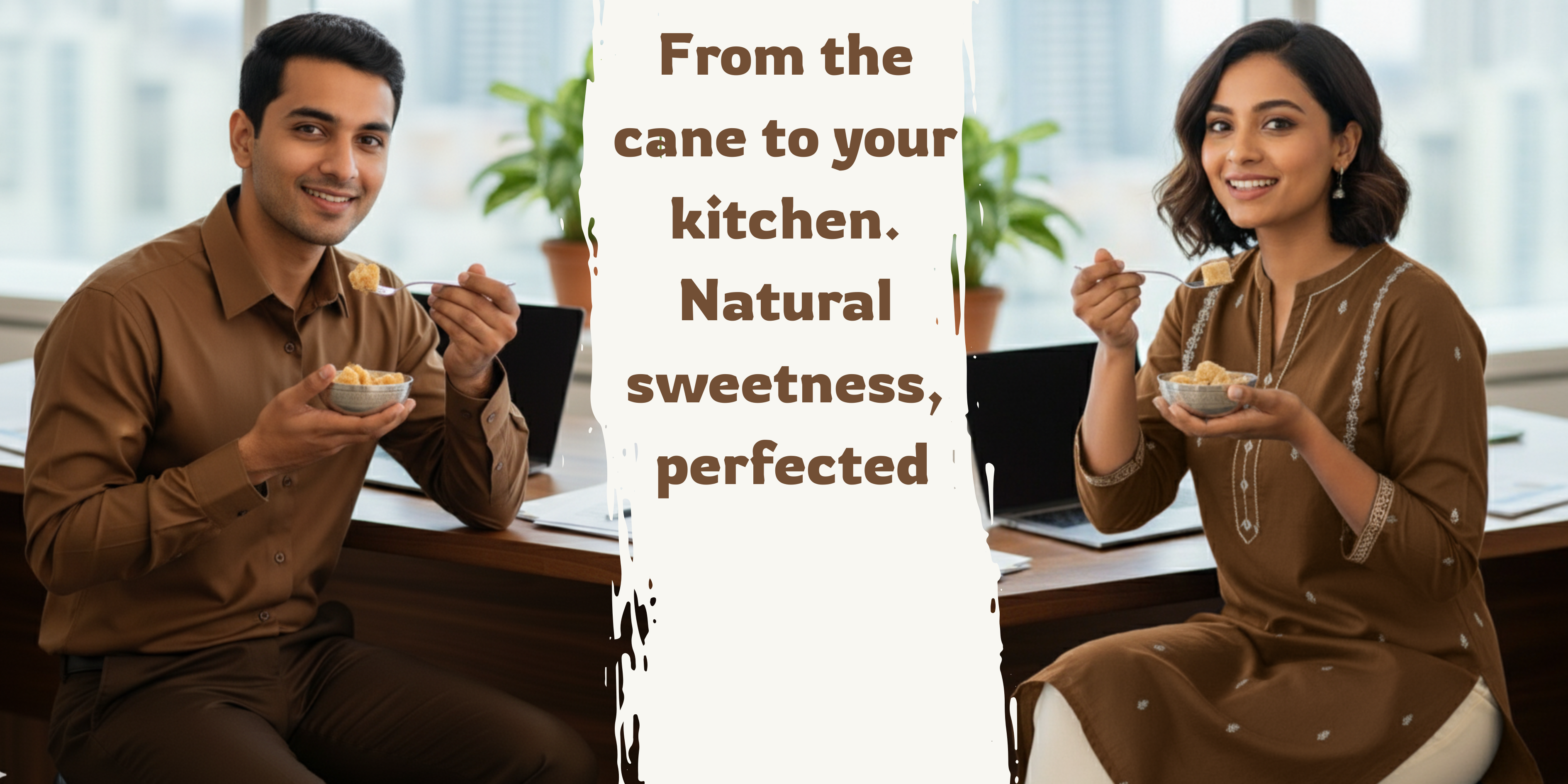 Woman enjoying Khatauli Gud in a professional setting